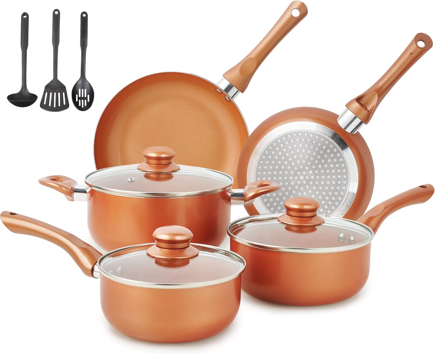 Pots and Pans Set Ultra Nonstick, Pre-Installed 11pcs Cookware Set Copper with Ceramic Coating, Stay cool handle & Nylon Kitchen Utensils, Gas/Induction Compatible, 100% PFOA Free