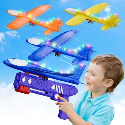 3-Pack LED Airplane Toy, Foam Glider with Plane Launcher – Catapult Plane with 2 Flight Modes, Kids Gifts Flying Toy for 3 4 5 6 7 8 9 10 11 12 Year Old Boys Girls