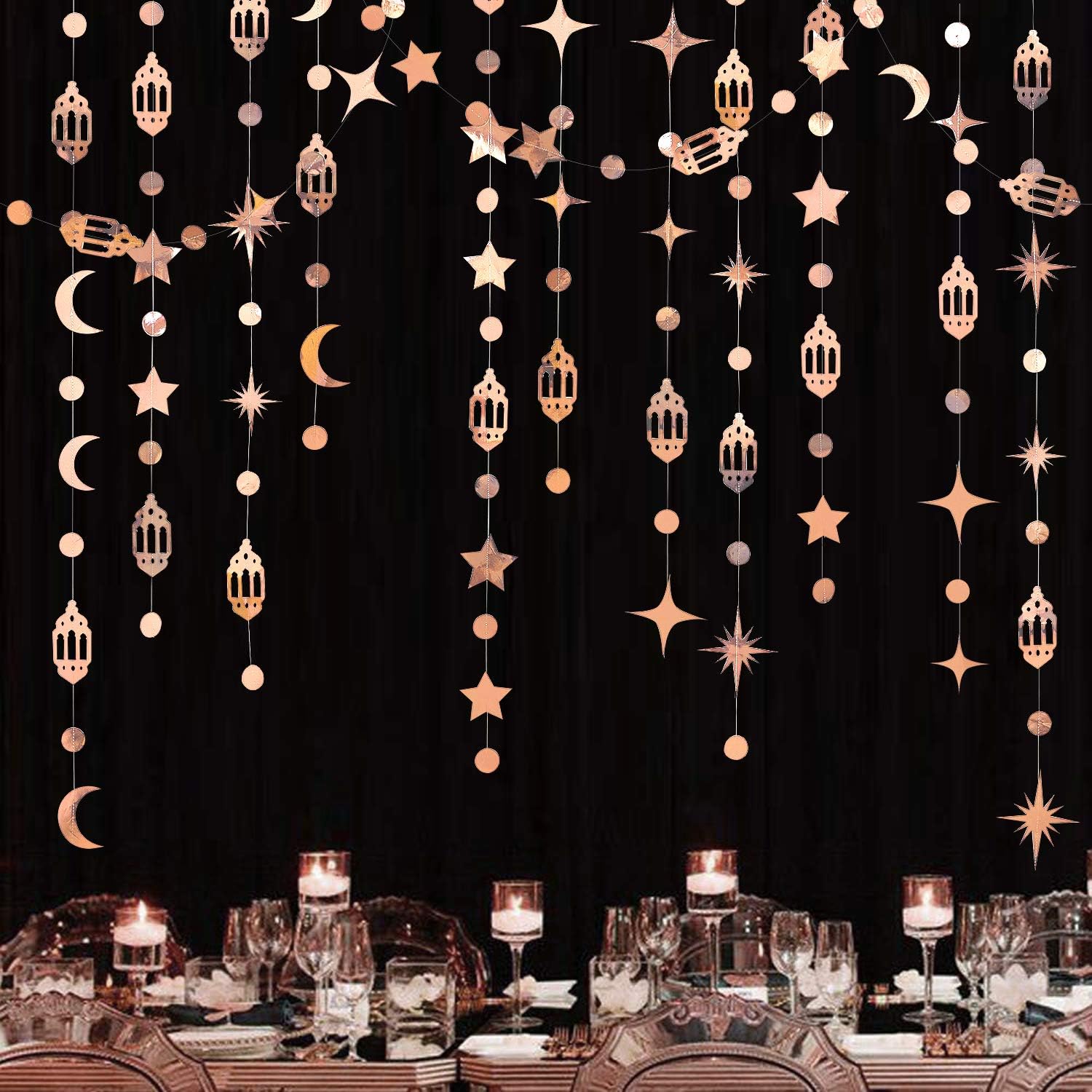 Gold Eid Mubarak Ramadan Decorations Hanging Star Moon Circle Dot Crescent Lamp Garland Streamer Backdrop Banner Decorations for Home Happy Ramadan Lesser Bairam Islam Muslim Wedding Birthday Party