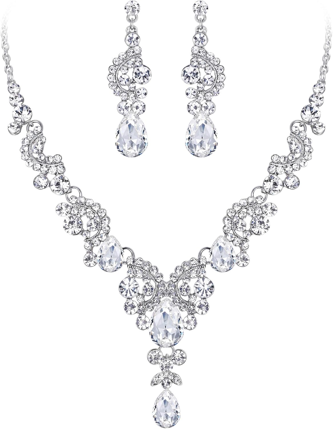 EVER FAITH Rhinestone Crystal Bridal Floral Wave Teardrop Necklace Earrings Set