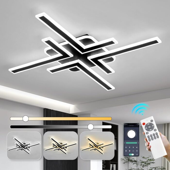 Modern Sputnik Flush Mount Ceiling Light Fixture 34.25Inches LED Dimmable Ceiling Light with Remote Control 3 Color 64W Black Chandelier for Kitchen Dining Room Living Room Bedroom.