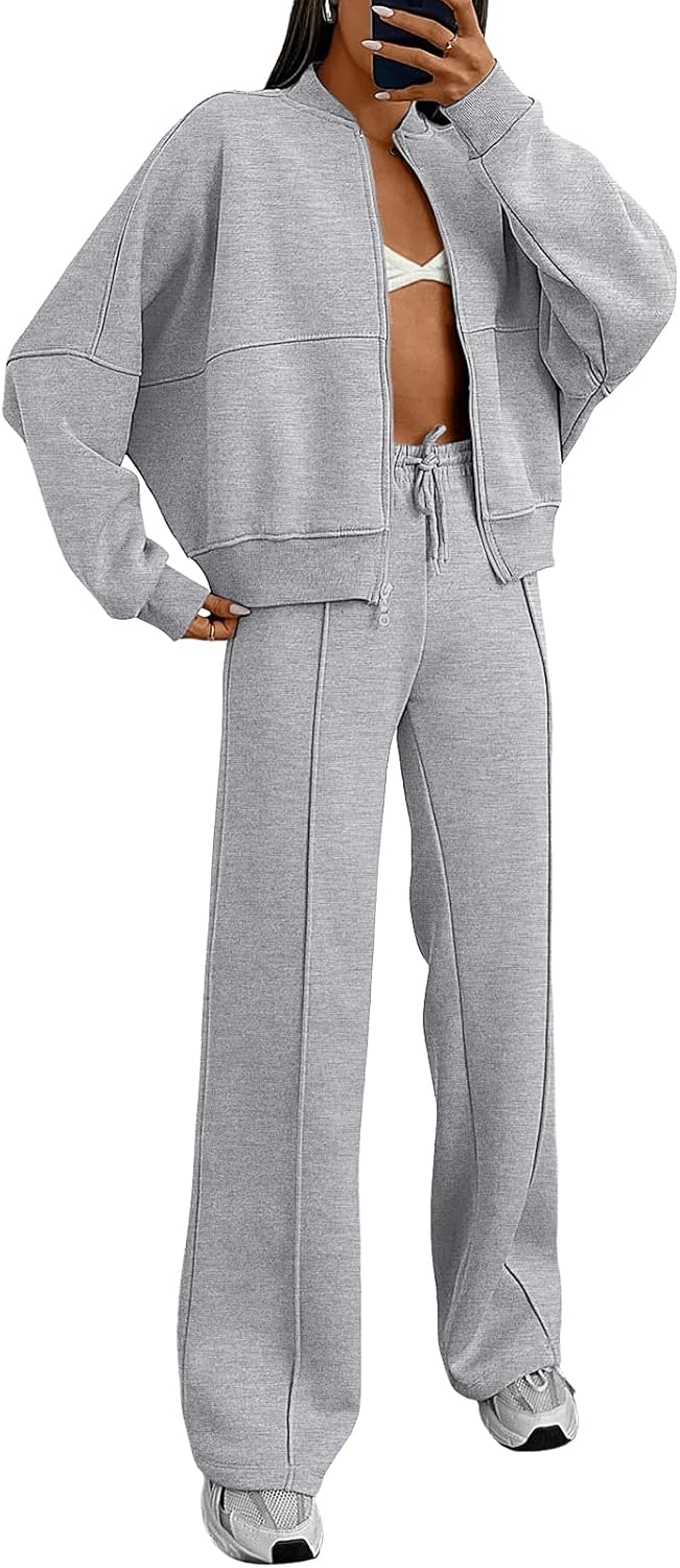 EFAN Womens Zip Up Sweatsuits Sets Lounge 2 Piece Outfits Oversized Fall Sweatshirt Fashion Wide Leg Sweatpants With Pockets