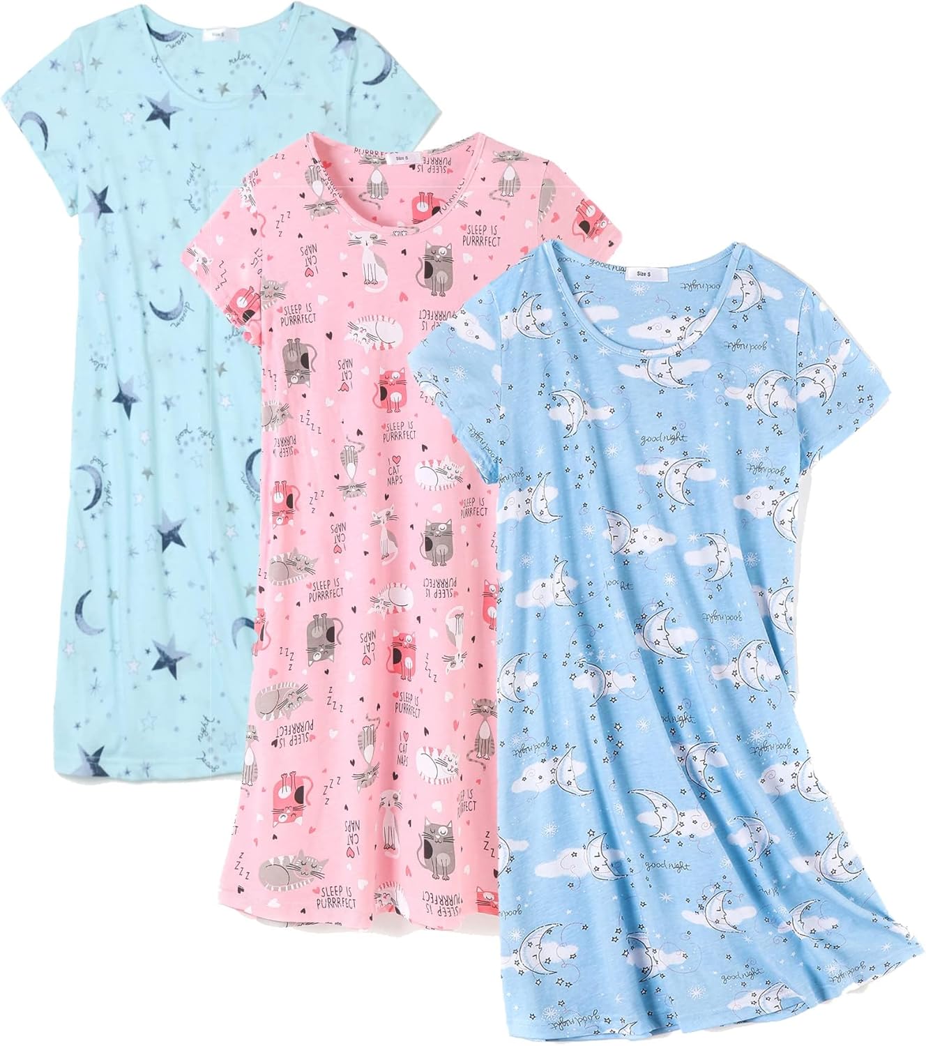 3 Pack Nightgowns for Women Soft Cotton Short Sleeve Night Shirts Womens Print Sleep Shirts Sleepwear