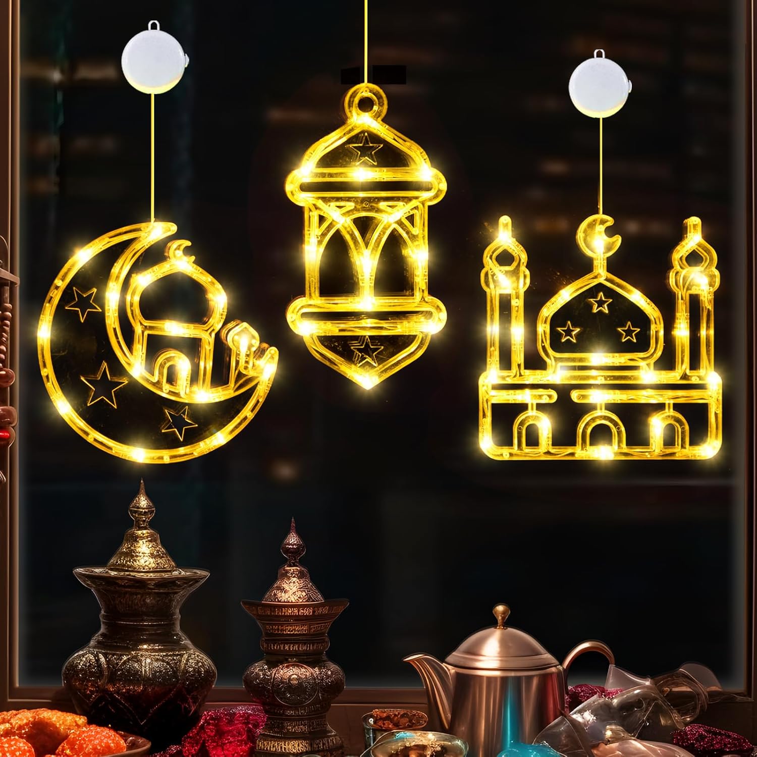 LOLStar Ramadan Decorations, 3 Pack Warm White Lantern, Moon, Mosque Eid Mubarak Window Lights Battery Operated Hanging LED Lights with Timer Function & Slow Fade Mode, Perfect Decor for Eid al Fitr