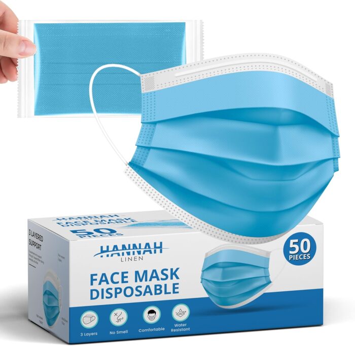 Disposable Face Masks/ 3Ply Safety Face Masks- 50PCS – 3 Layers Blue Protective Face Mask For Daily Use, Breathable Facemasks, Anti-Dust Disposable Mask with Earloop for Personal Care