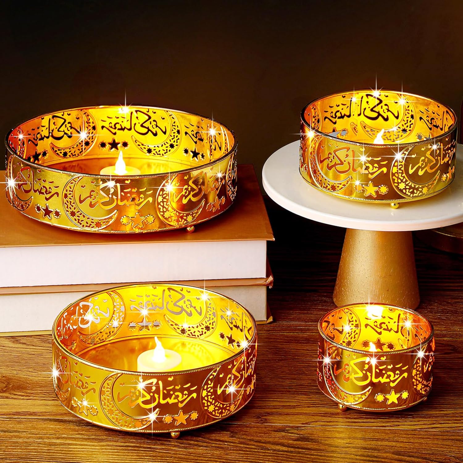 8 Pcs Ramadan Serving Trays Eid Mubarak Moon Trays with LED Tea Lights Gold Food Storage Container Tea Lights Candles Eid Mubarak Plates Battery Operated for Ramadan(Stars and Moon)