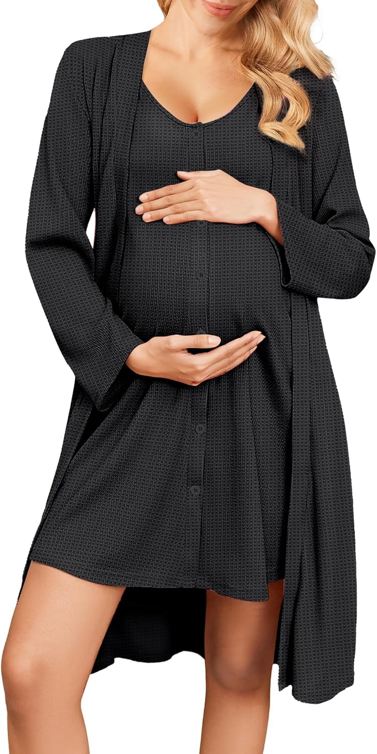 Ekouaer Maternity Nursing Gown and Robe Set 2 Piece Waffle Breastfeeding Nightgown 3 in 1 Labor and Delivery Hospital Gown