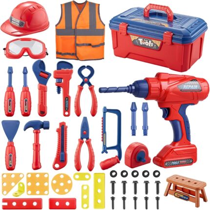 Kids Tool Set, MAGIC4U 49PCS Toddler Tool Set with Electronic Toy Drill,Tape Measure 12 Tool Equipements,Pretend Play Construction Coustume with Safety Vest Hat,Toy Tool Box for Kids Boy Girl Age 3-8