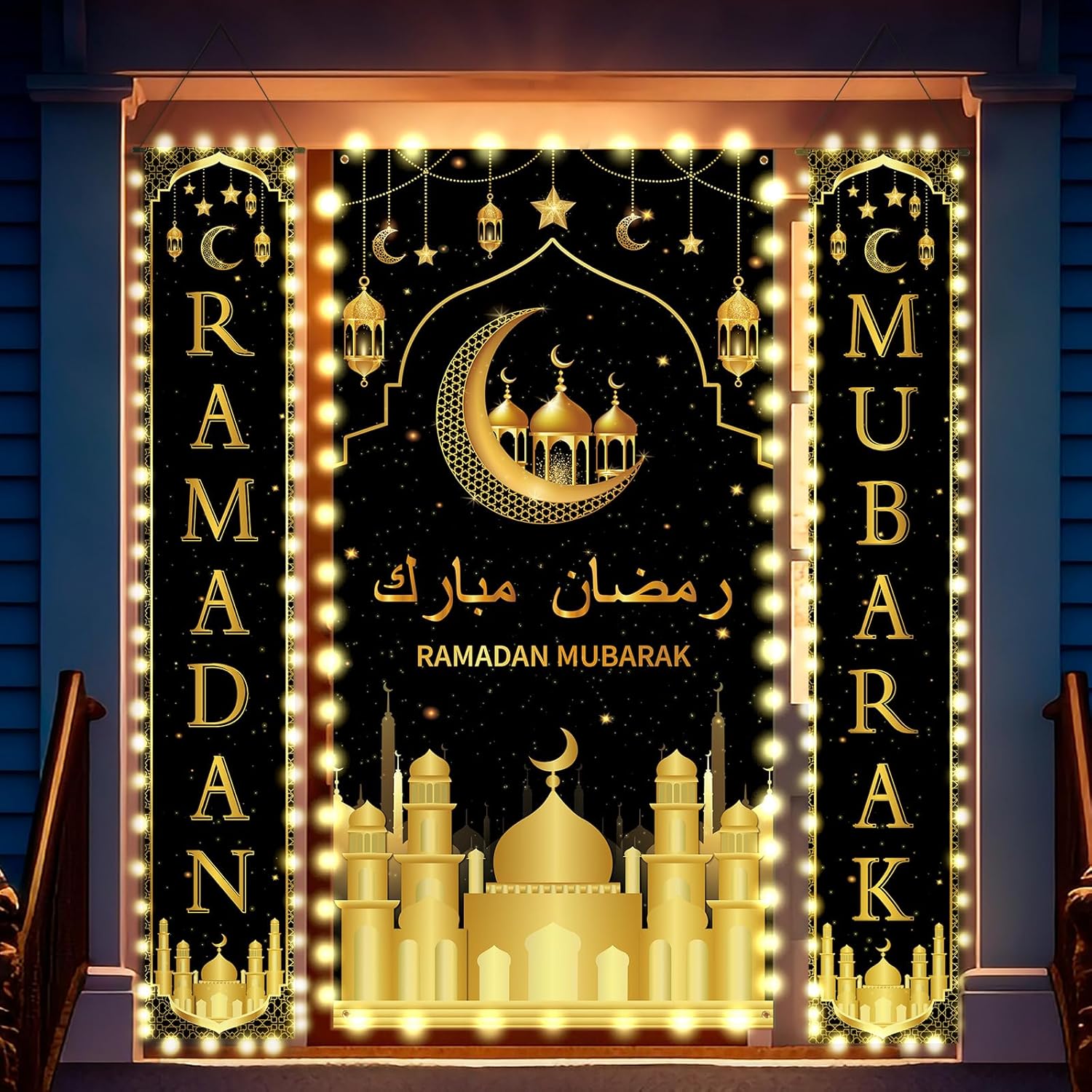 Preboun 3 Pcs Ramadan Mubarak Hanging Banner LED Eid Mubarak Decoration Set 71 x 35.4/11.8 Inch Lighted Black and Gold Moon Lantern Backdrop and Porch Sign Ramadan Mubarak Decoration Outside Outdoor