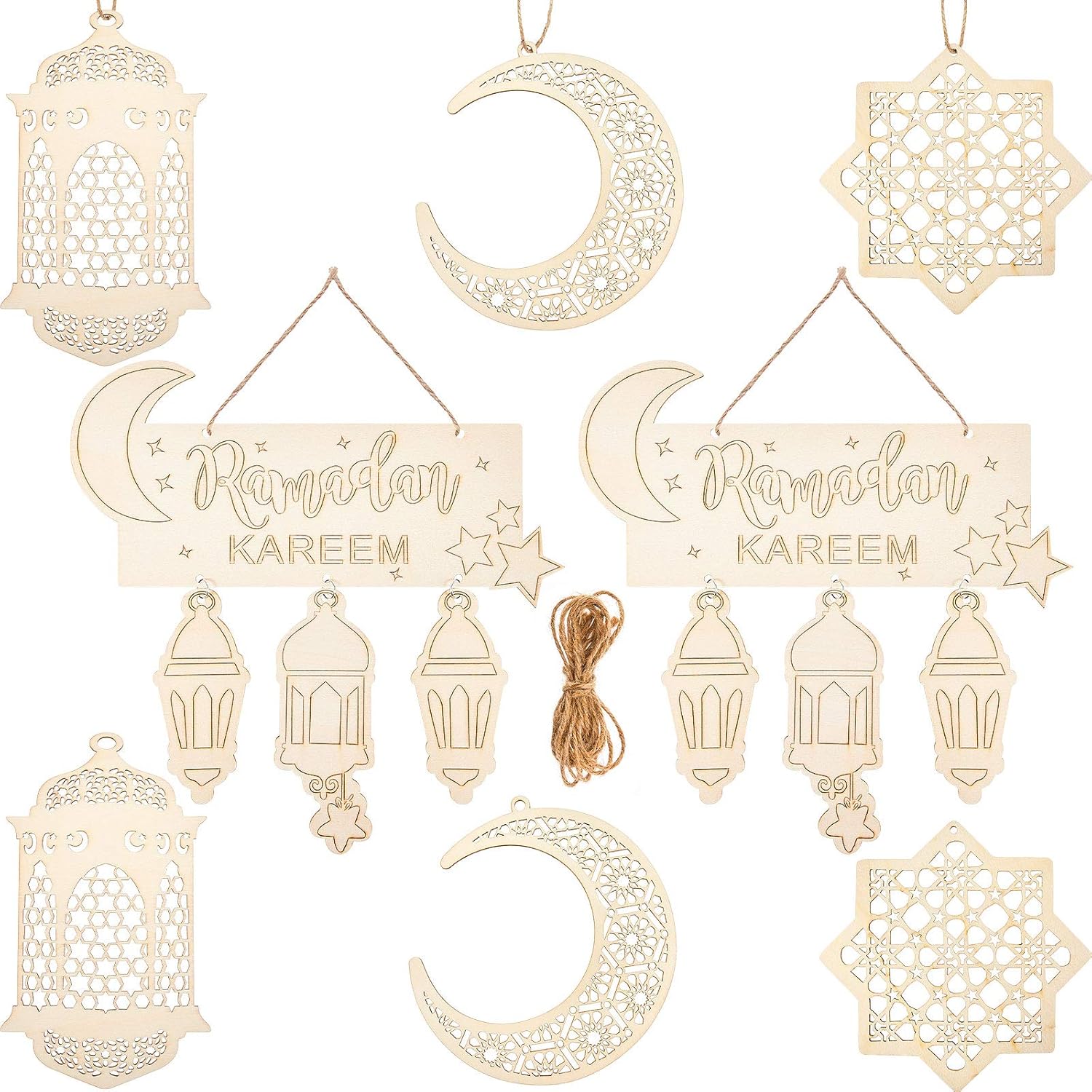 8 Pieces Ramadan Ornaments Lantern Ramadan Eid Mubarak Decorations Moon Star Pendant Muslim Islam Plaque Sign for Home Happy Ramadan Mubarak DIY Wall Decor Supplies