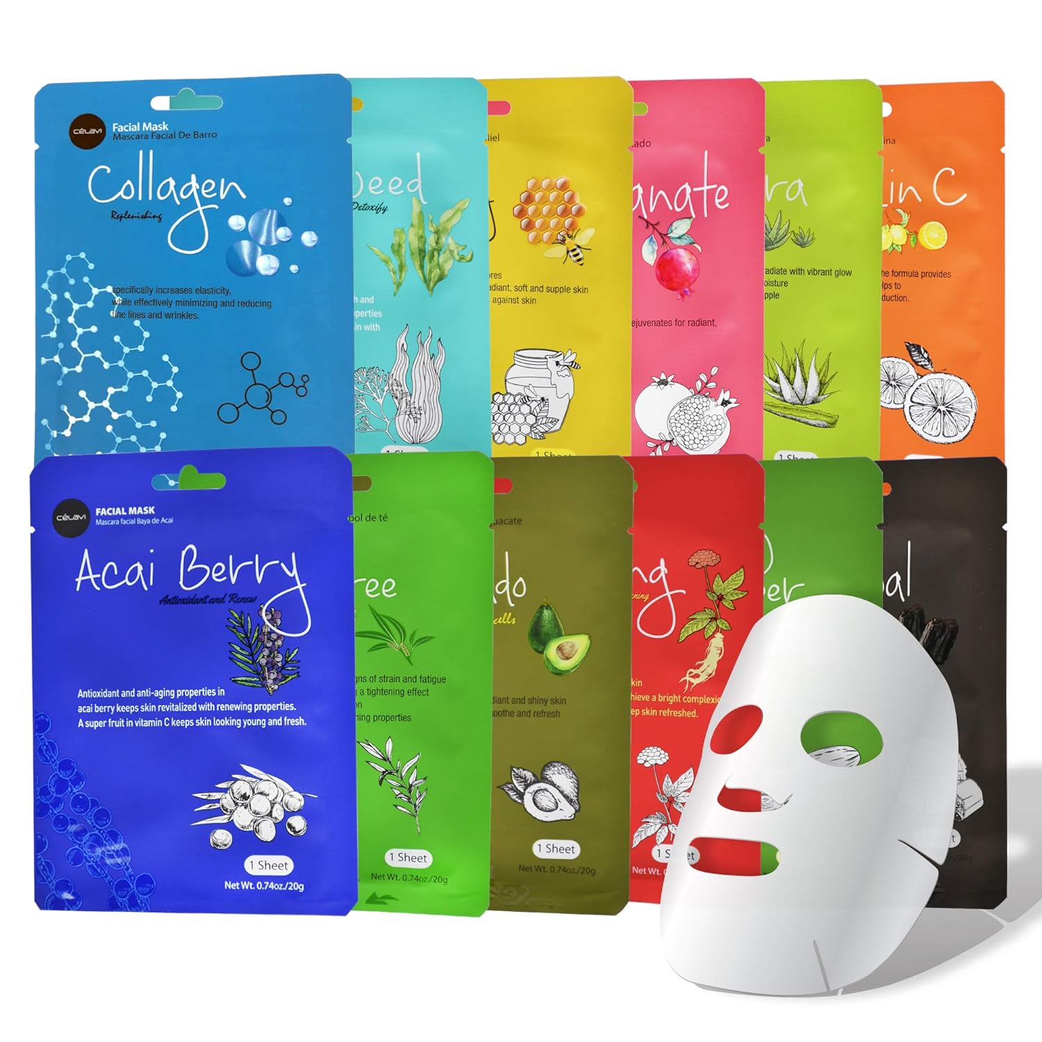 Celavi Essence Facial Sheet Face Mask Variety Set Classic Authentic Korean Moisturizing Skincare (12-Packs)