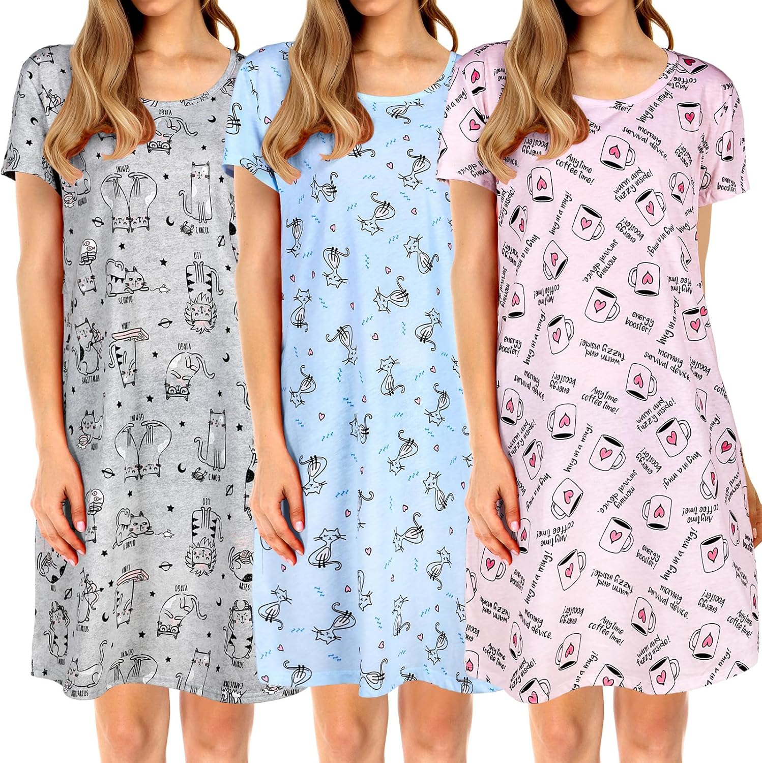 Leumoi 3 Pack Womens Cotton Sleepwear Casual Short Sleeve Nightgown Print Scoop Neck Sleepshirt