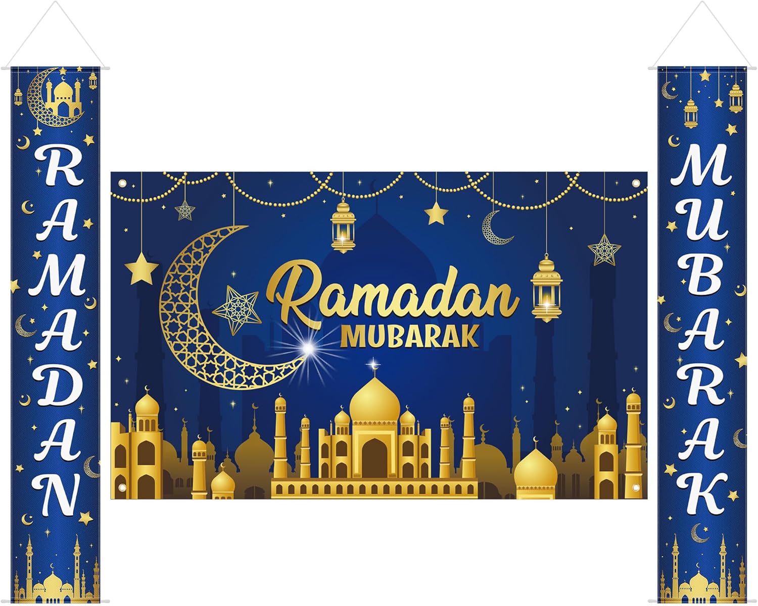 Ramadan Decor, Large Ramadan Mubarak Banner Decorations, Castle Moon Eid Decor for Home, Ramadan Mubarak Backdrop Poster Banner, Ramadan Mubarak Welcome Banner for Porch Photo Booth Prop Wall Party