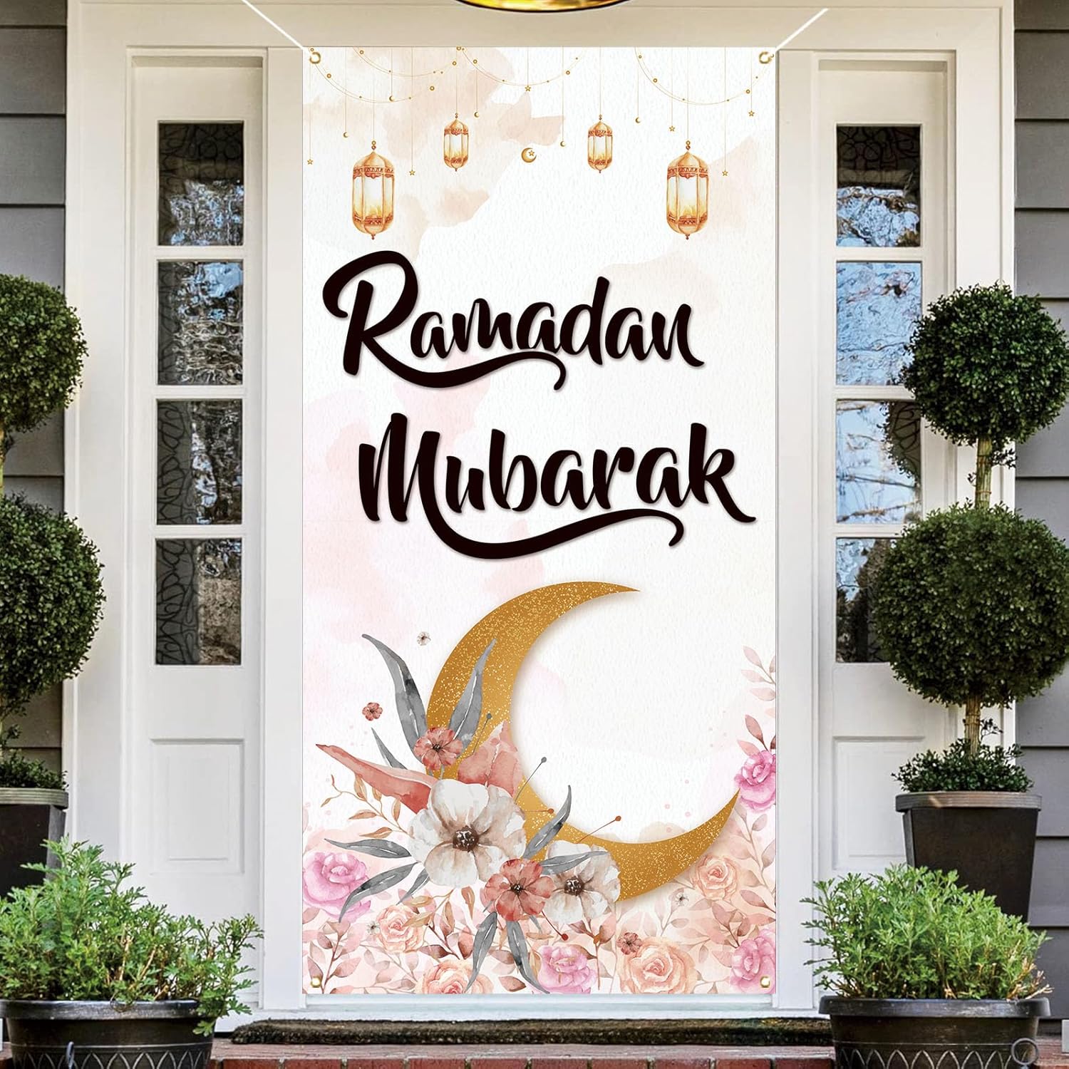 Watercolor Lantern Moon Flower Ramadan Mubarak Door Cover Ramadan Mubarak Photo Backdrop Islamic Muslim Ramadan Eid Decorations and Supplies for Home