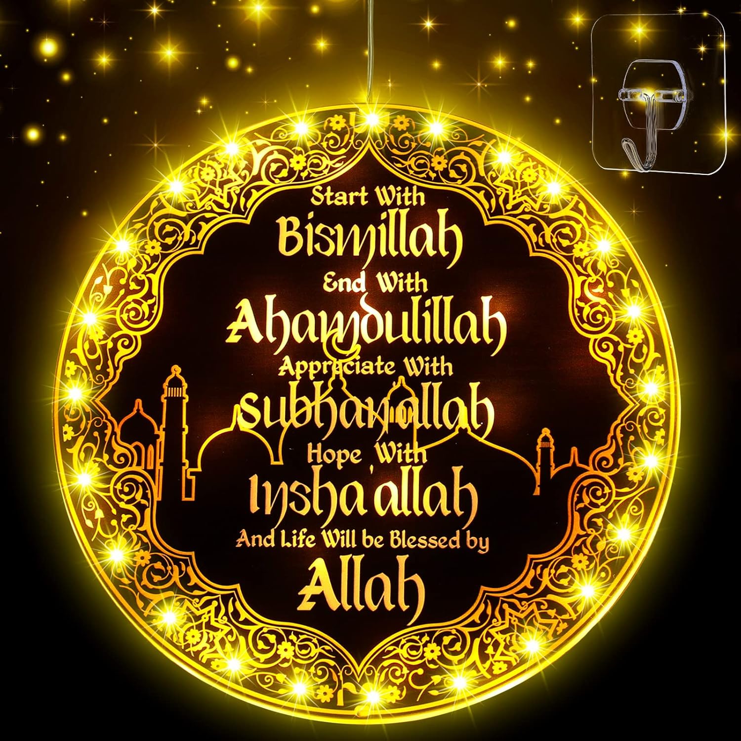 Capoda Ramadan Window Lights Eid Mubarak Decorations Moon Start and End with Allah Wall Art Lights up Muslim Decorations for Door Home Eid Al Fitr Party Supplies(Black)