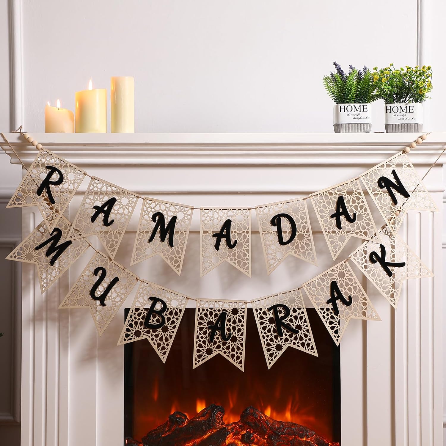 2 Pcs Eid Ramadan Mubarak Banner Wooden Ramadan Mubarak Decoration Rustic Bead Ramadan Decorations Banner Muslim Party Decor Supplies for Home Fireplace Indoor Outdoor(Black Letter)