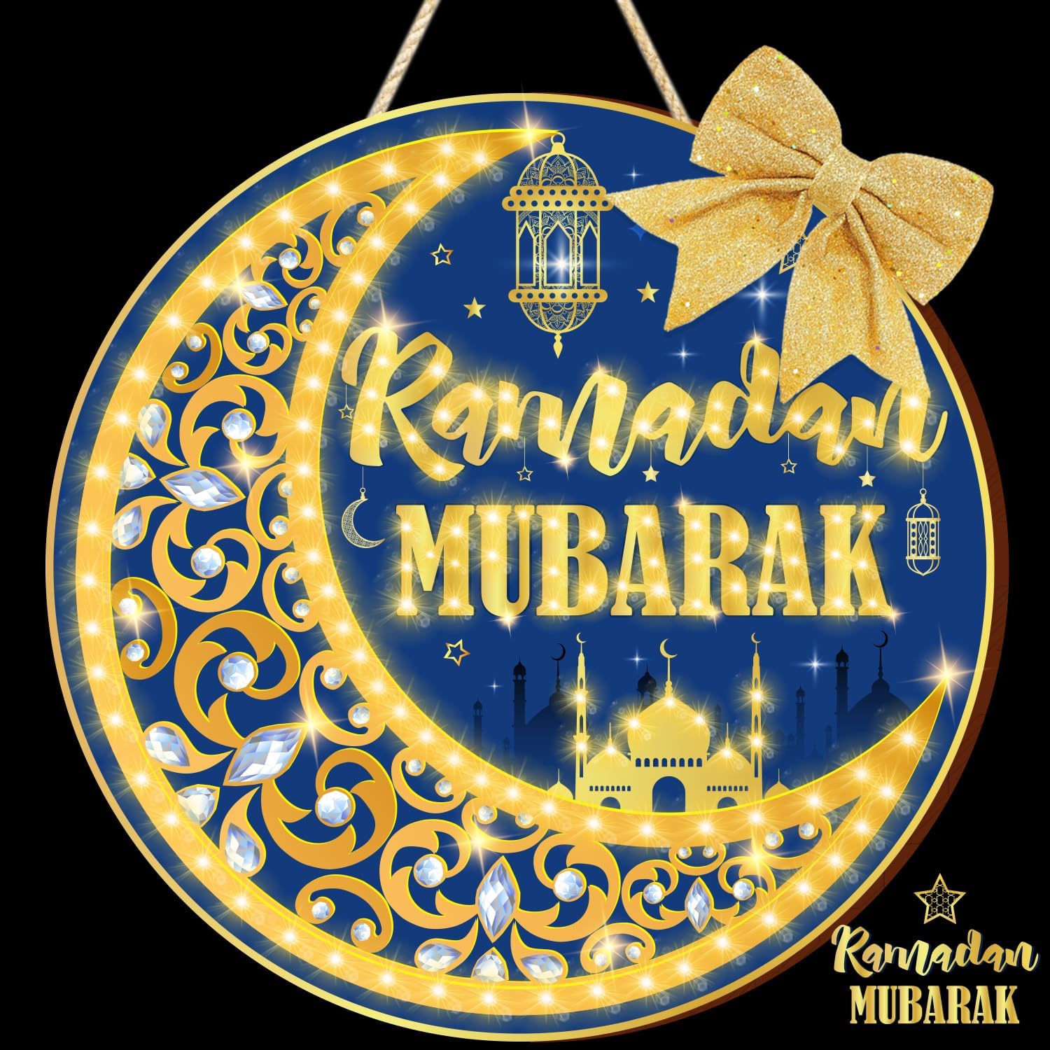 Ramadan Decorations Ramadan Mubarak Wooden Door Decor, Eid Al-Adha Ramadan Kareem Door Sign Lighted Decor, Islam Moon Blue Gold Welcome Door Wall Decor, Eid Mubarak Party Supplies