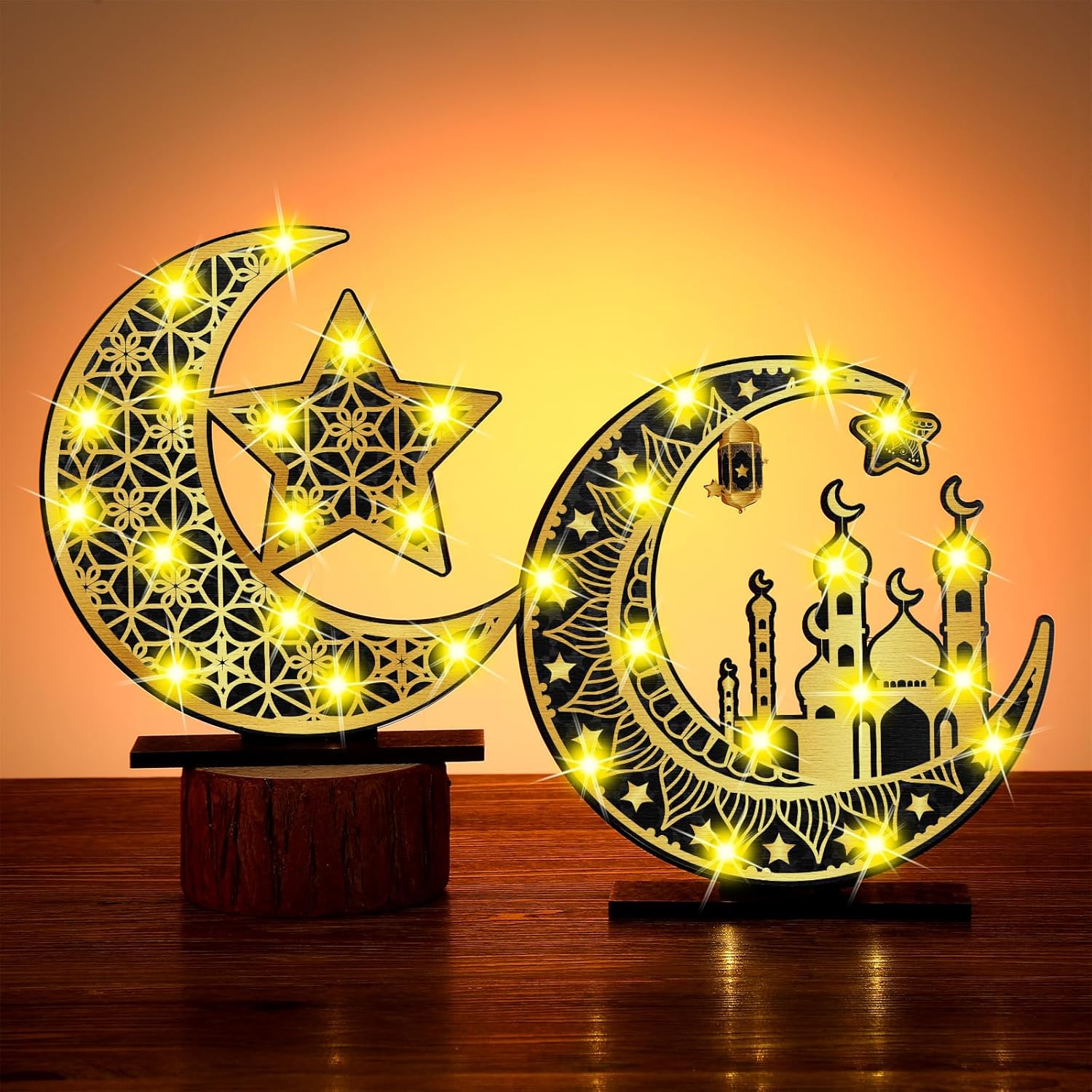 2 Pcs Ramadan Eid Mubarak Crafts Night Light 3D Wooden Moon Star Lights Ramadan Decorations LED Eid Mubarak Lamp Decor Ramadan Table Sign for Tabletop Home Party Supplies(Black and Gold)