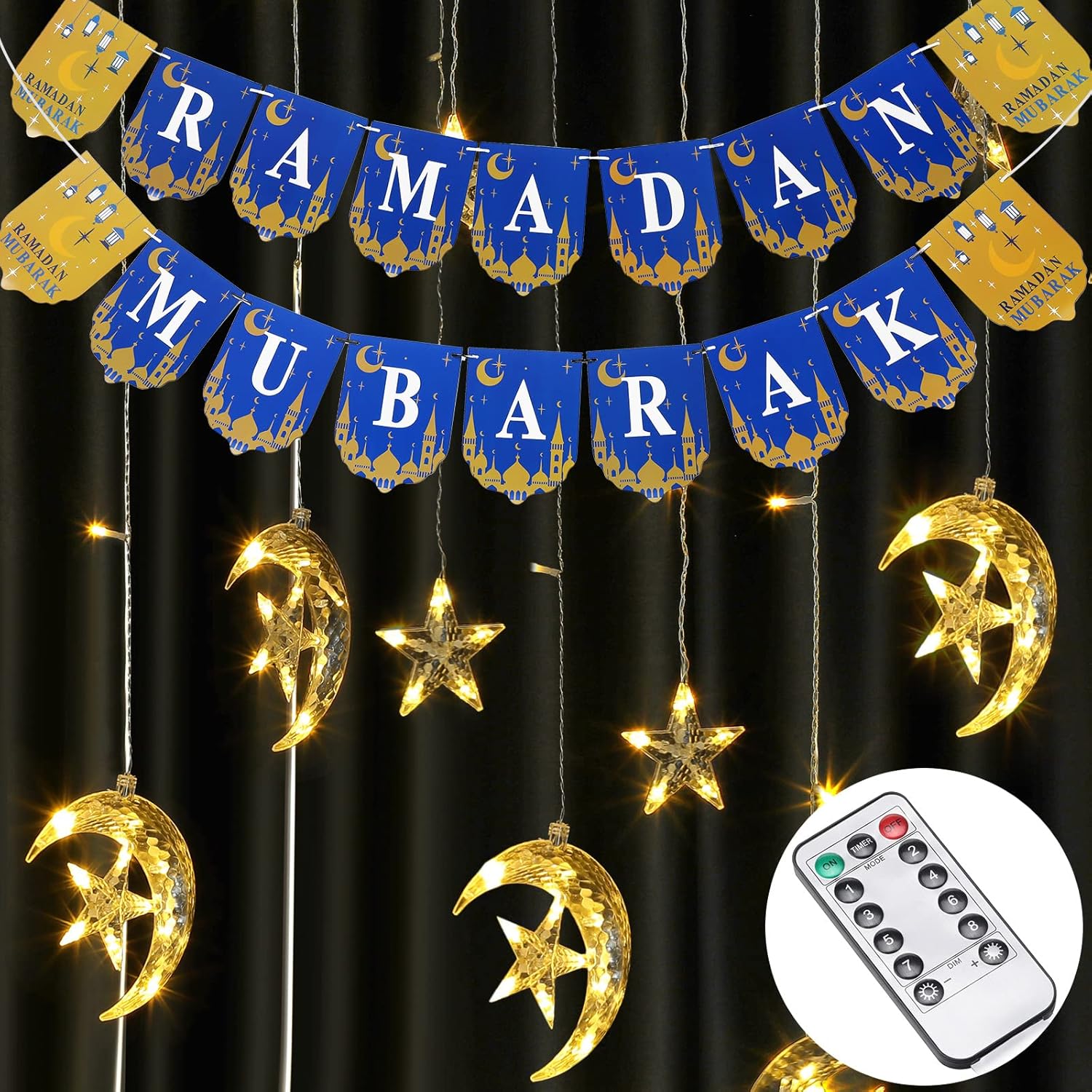 Mudder Ramadan Decoration for Home 2024 Ramadan Decorations Set Star Moon Curtain String Light 138 LED and Mubarak Banner, USB Powered Light with Remote 8 Modes, Bunting Banner Ramadan Gift Decor