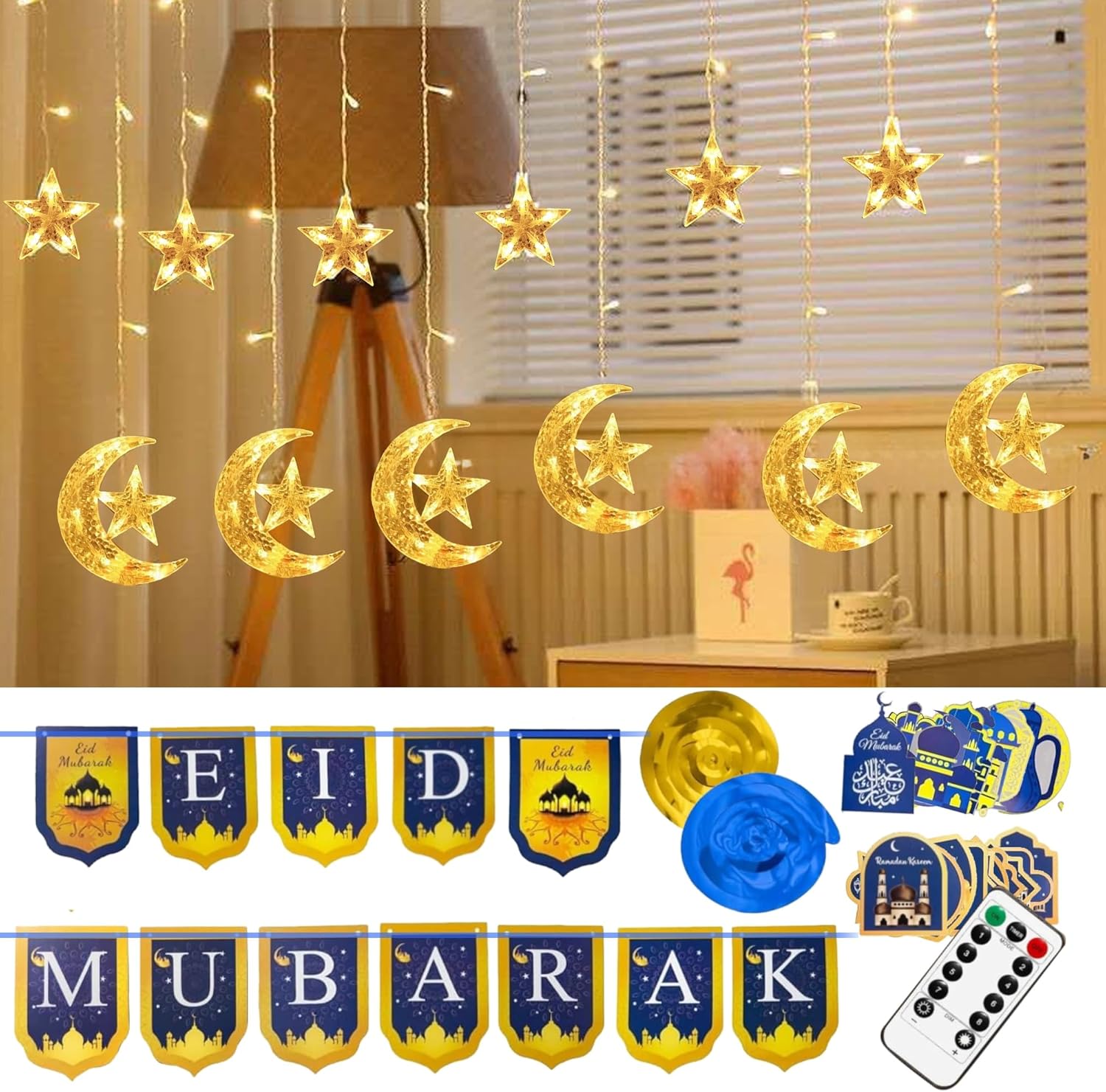 TW SHINE Ramadan Decorations Star Moon Curtain String Lights,138 LED Mubarak Ramadan Lights with Remote 8 Modes and Ramadan Banner for Eid Al-fitr Party Supplies (USB)