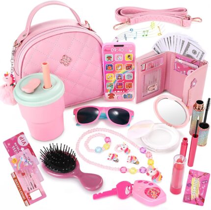 Little Girls Play Purse and Pretend Makeup Kit- 49PCS My First Purse Set Includes Handbag Phone Wallet Play Makeup Princess Jewelry Water Bottle, Pretend Play Gift Toys for Girls Toddlers Age 3+