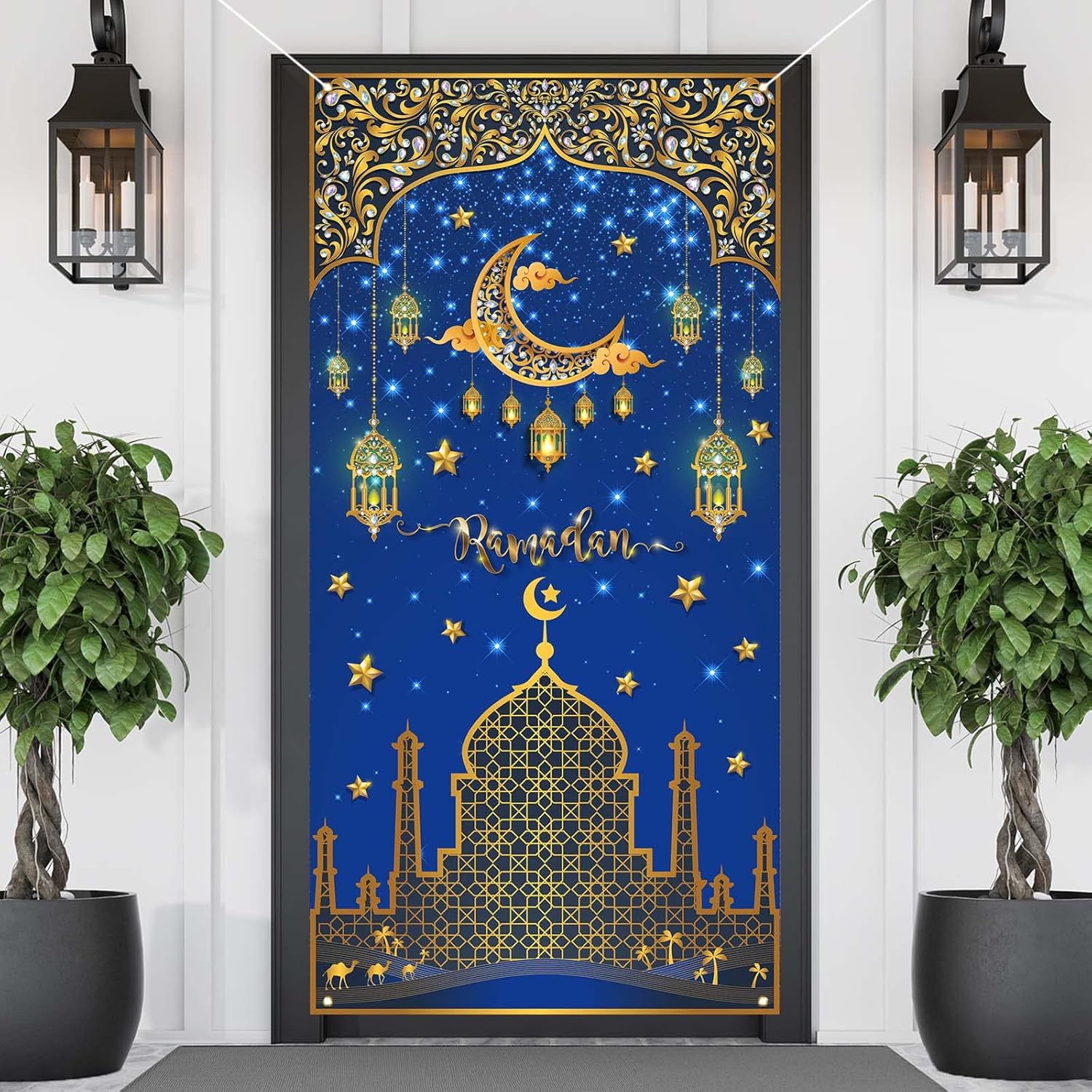 Eid Ramadan Mubarak Door Cover Ramadan Decorations Moon and Star Mosque Lattern Islamic Decorations Door Banner Holiday Decor Pattern Supplies for Home Office