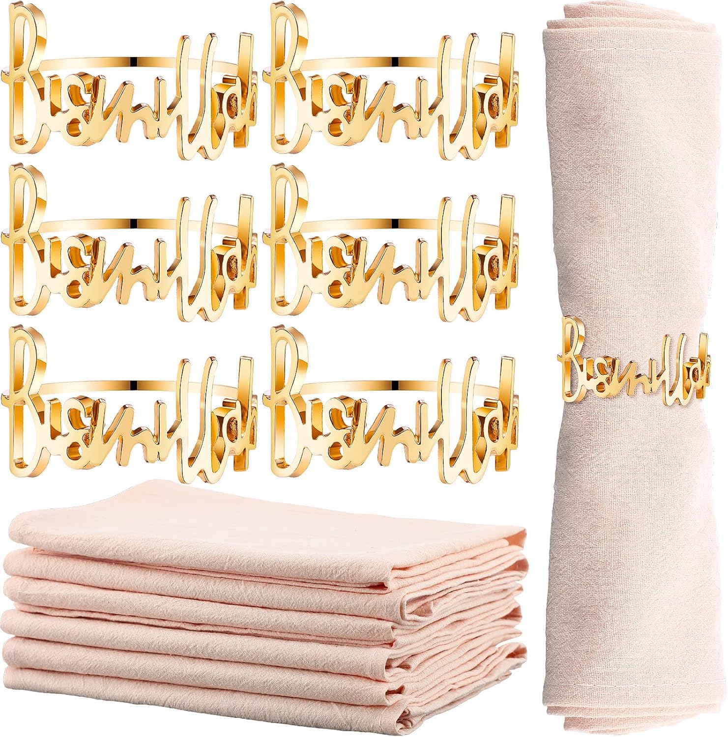 12 Pcs Eid Gold Napkin Rings and Cotton Napkins Bismillah Letter Metal Napkin Buckles Eid Dinner Cloth Napkins Muslim Table Decoration for Ramadan Party Islamic Holiday Wedding(Beige)