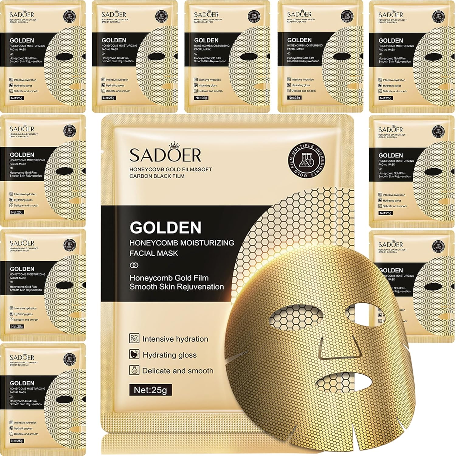 24k Honeycomb Gold Face Mask Skin Care Set Facial Masks for Women SkinCare Face Mask Nourishing Sensitive Skin Sheet Mask (10 Count)