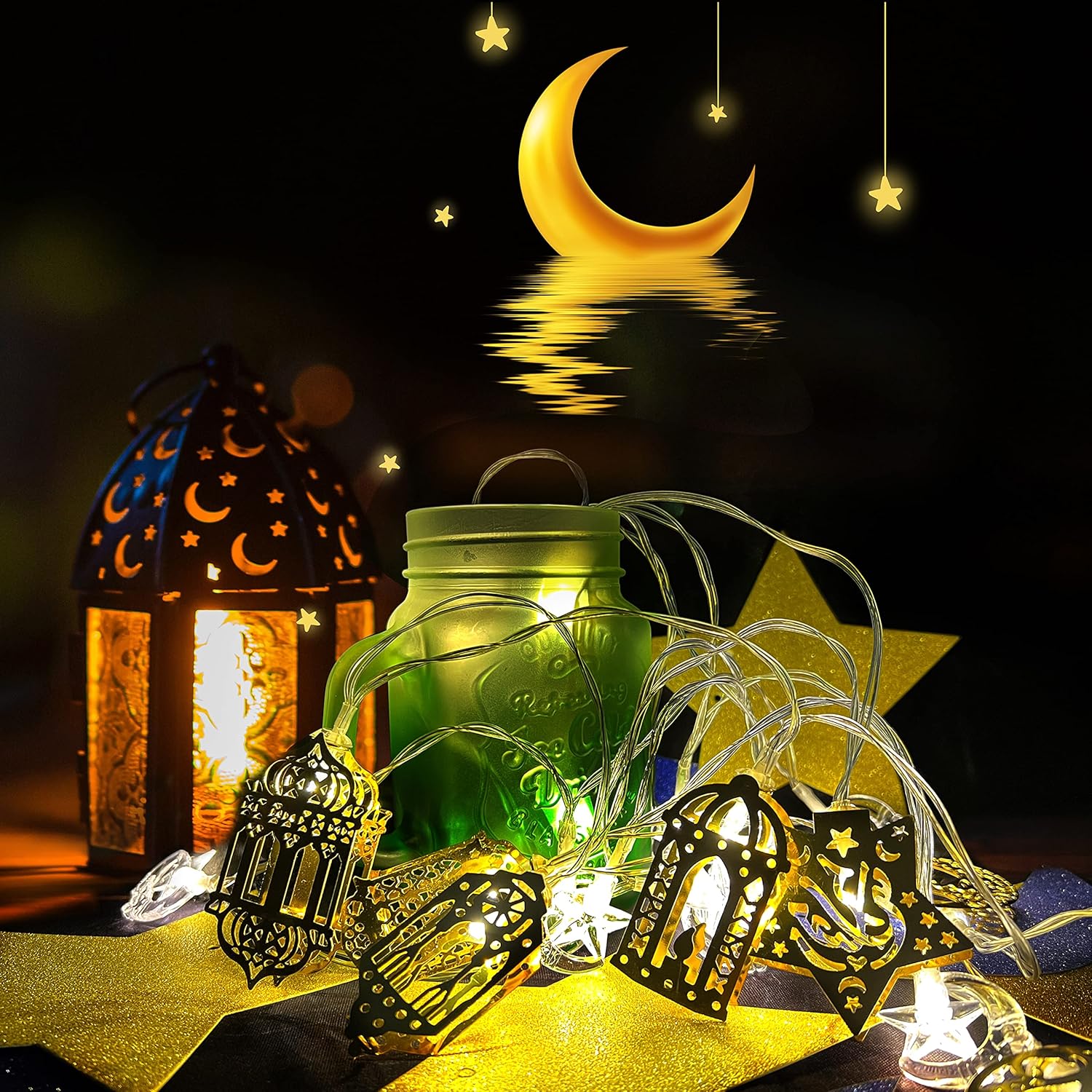 Ramadan Decorations for Home – Moon & Star LED String Ramadan Lights for Kareem Eid Gifts，Extendable for Indoor, Outdoor, Party, Tree, Garden, Eid, Islamic Wall Decor(2 Pack,10 Feet 20 LEDs)