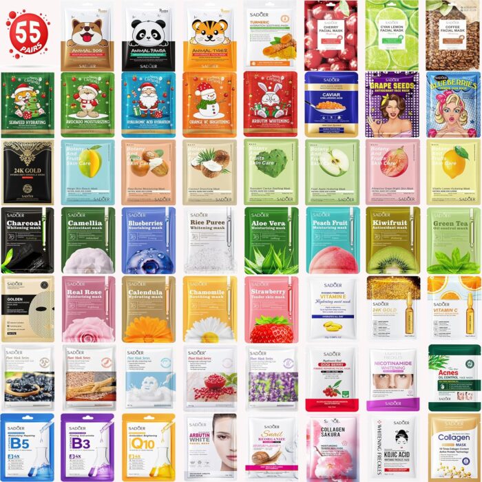 Collagen Sheet Face Masks Skincare Bulk Pack ，Hydrating Bulk Face Masks(55 Combo Pack)