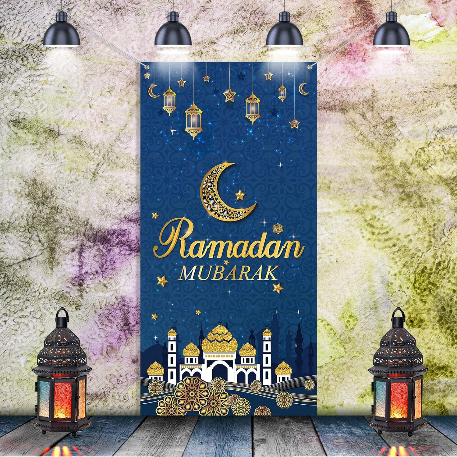 Ramadan Mubarak Decorative Door Cover Eid Mubarak Backdrop Hanging Ramadan Mubarak Door Banner Eid Al-fitr Celebration Decoration for Door Cover Muslim Ramadan Party Supplies, 5.9 x 2.9 Feet