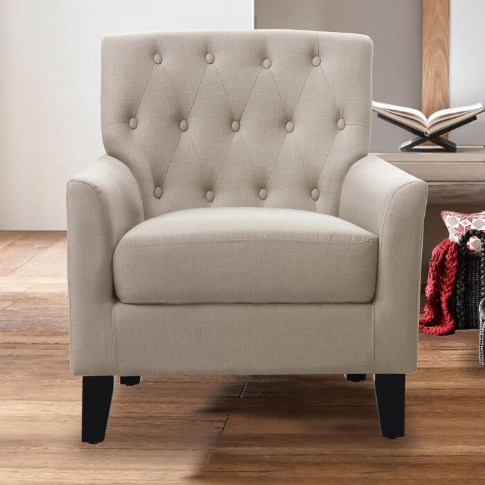 Rosevera Rylee 30”Accent Chair Fabric Upholstered Comfy Arm Chair Tufted Comfy for Reading in Bedroom,Living Room, Small Sofa Chair,Armchair for Small Space,Wood Legs,Textile Beige