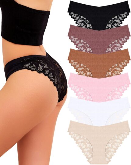 UNDER THE SEA Sexy Underwear for Women Seamless Soft Lace Hipster Ladies No Show Bikini Panties Womens Cheeky 6 Pack S-XL