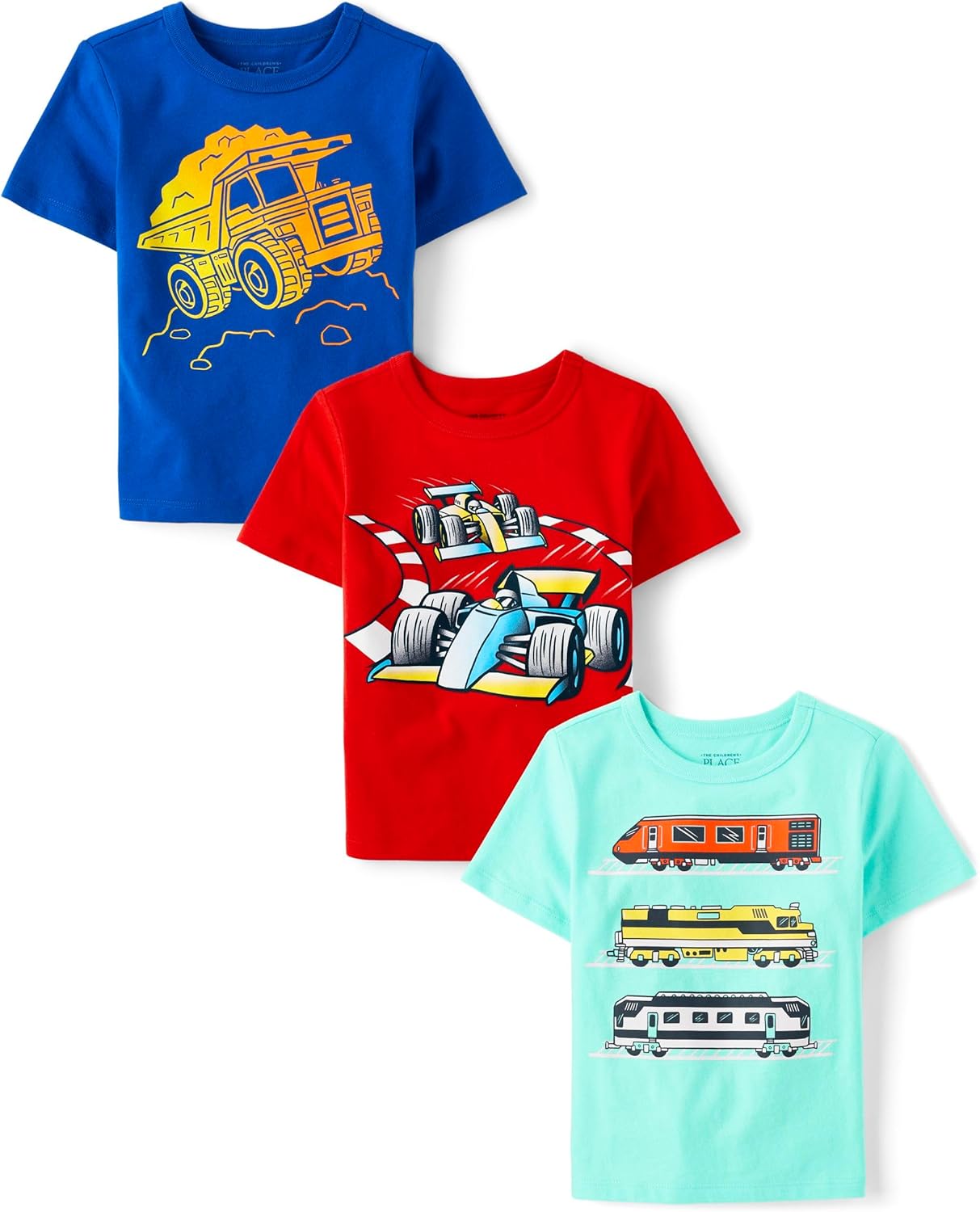 The Children’s Place Baby Boy’s and Toddler Vehicles Short Sleeve Graphic T-Shirts,Multipacks, Construction/Racecar/Train 3-Pack