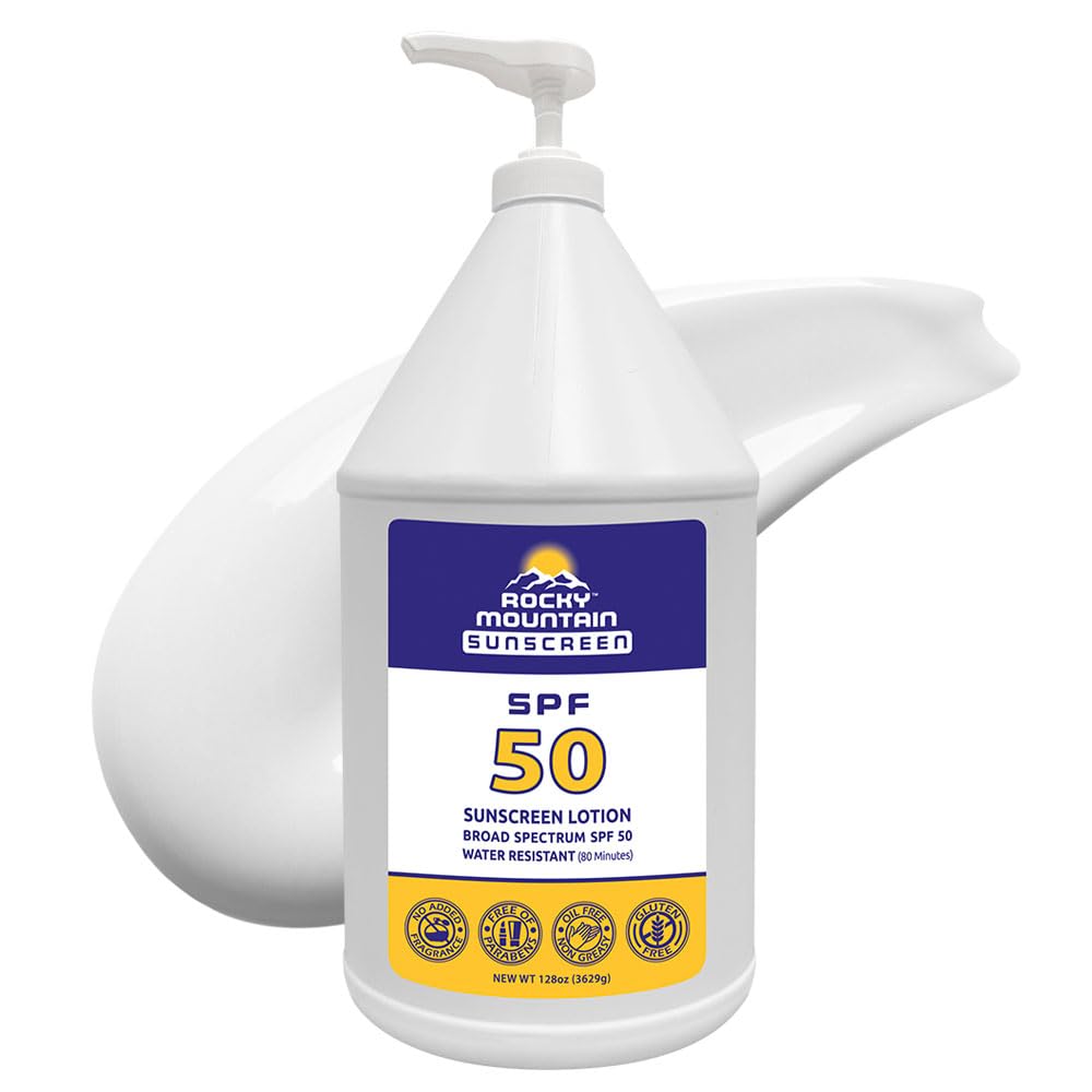 Rocky Mountain Sunscreen SPF 50 Gallon Lotion | Broad Spectrum UVA/UVB Protection | Hawaii 104 Reef Act Compliant (Oxybenzone & Octinoxate Free) | Water Resistant 80 Min. | Fragrance Free | 128 Fl Oz