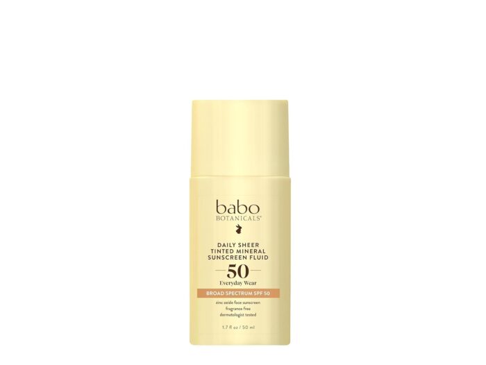 Babo Botanicals Daily Sheer Tinted Mineral Sunscreen Fluid SPF50 – Natural Zinc Oxide – Passion Fruit Oil – Golden-Hued Tint – Fragrance Free – Ultra-Lightweight – For Face – For all ages