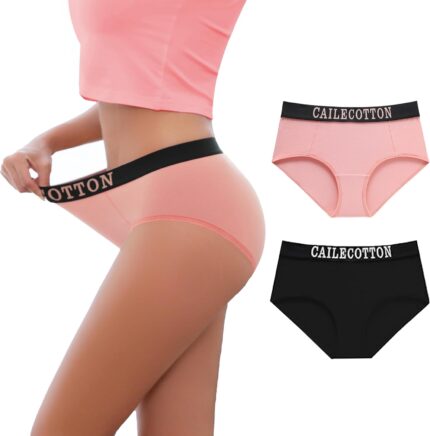 CAILECOTTON Ladies Underwear Panties Cotton High Waist Breathable Briefs Underpants Stretch Panties 2 Pack Black Pink