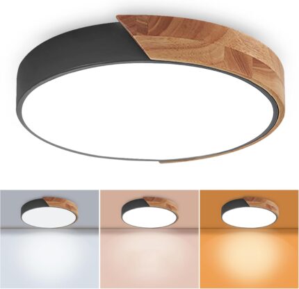 Flush Mount Ceiling Light, 24W Minimalist Wood Ceiling Light, 3000K/4500K/6500K Selectable via Wall Switch, 12 inch Modern Light Fixture Ceiling for Closet, Bedroom, Hallway, Black