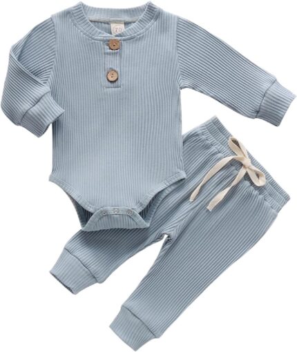 Newborn Baby Boy Girl Clothes Ribbed Knitted Cotton Long Sleeve Romper Long Pants Solid Color Fall Winter Outfits