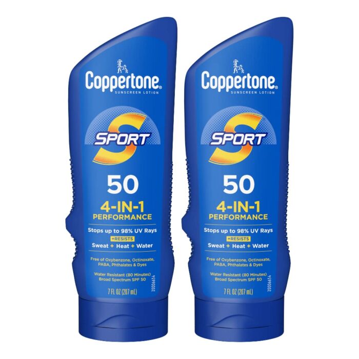 Coppertone SPORT Sunscreen SPF 50 Lotion, Water Resistant , Broad Spectrum Bulk Sunscreen Pack, 7 Fl Oz Bottle, Pack of 2