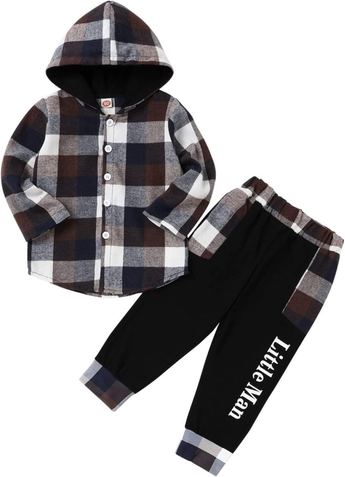 Fuermos Toddler Boy Clothes Plaid Flannel Hoodied Sweatshirt Tops + Letter Print Pants Boys Fall Winter Outfits