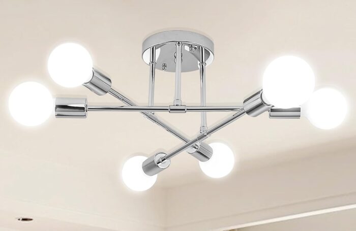 Modern Sputnik Chandelier, 6-Light Ceiling Light,Flush Mount Ceiling Light Fixture for Bedroom,Dining Room,Kitchen,Office,Silver