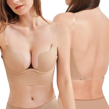 Sexy Code 1701 Womens Low Back Bras Deep Plunge Backless Bra Push Up Bra with Clear Straps, Low Cut Convertible Underwire Bra