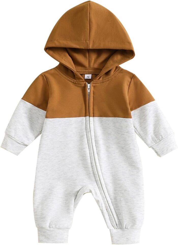 BemeyourBBs Newborn Baby Boy Clothes Color Block Long Sleeve Hooded Romper with Pocket Fall Winter One Piece Outfits