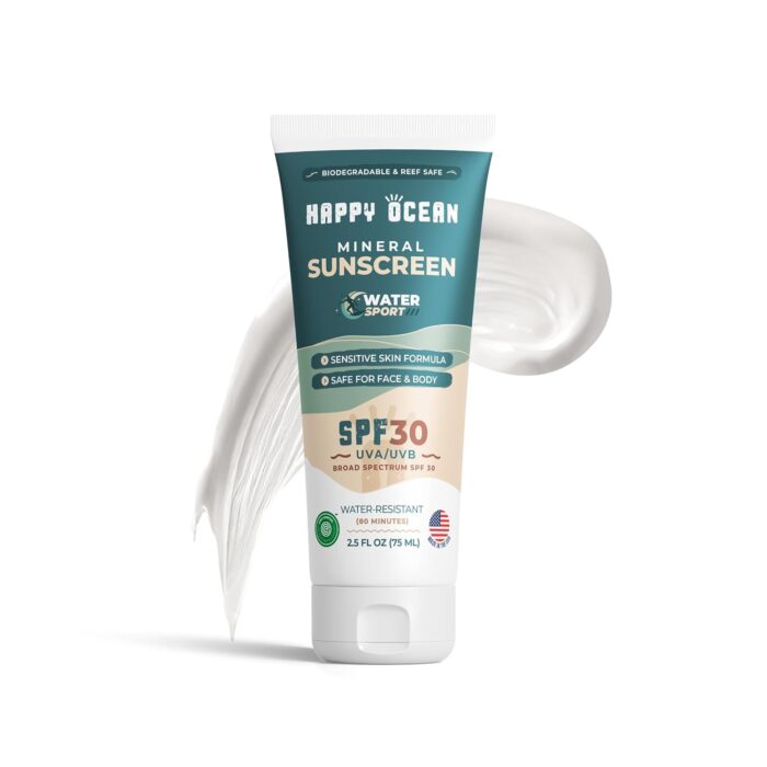 SPF 30 Sport Mineral Sunscreen for Face & Body, Non Toxic Biodegradable Reef Safe Sunscreen Mineral Based, Travel Size Organic Sport Sunscreen 2.5 Fl Oz