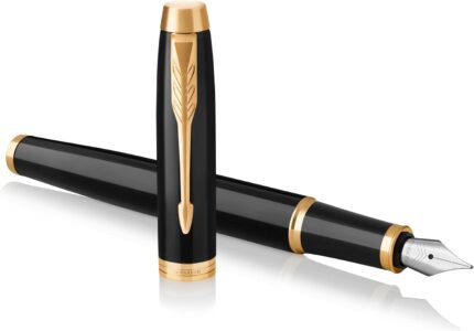 Parker IM Fountain Pen | Black Lacquer with Gold Trim | Fine Nib with Blue Ink Refill | Gift Box