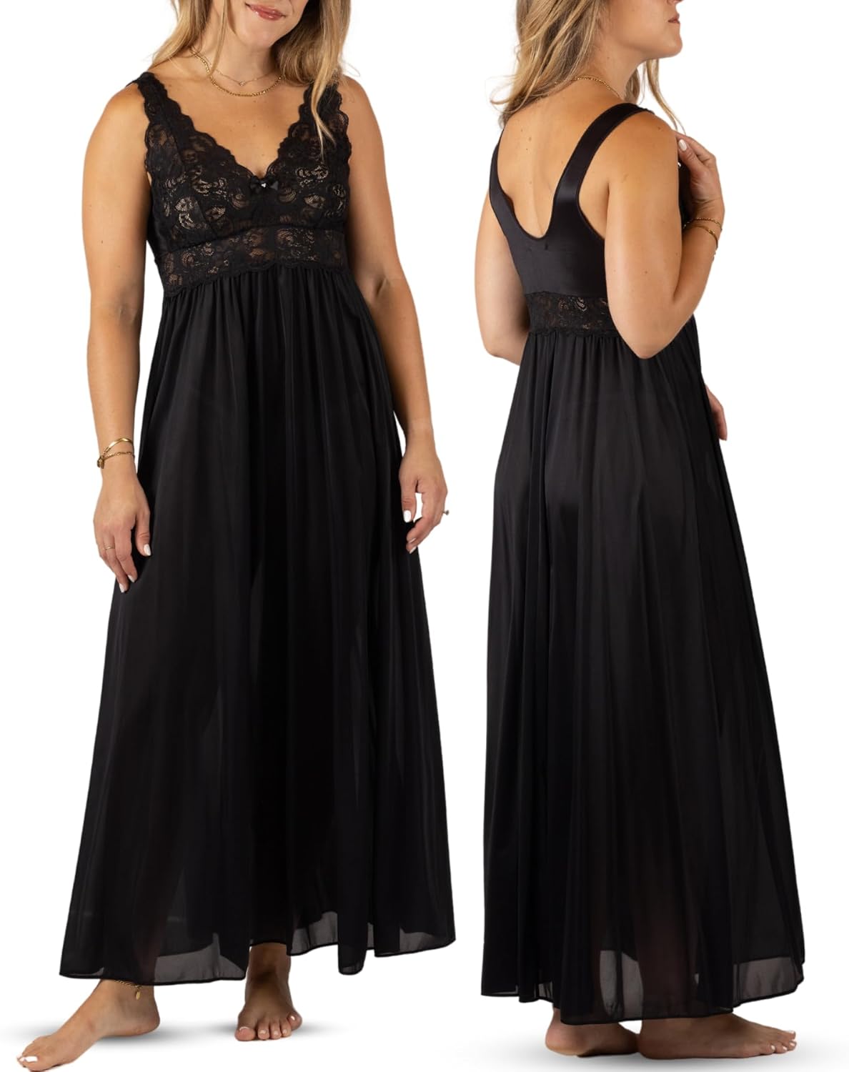 Shadowline Women’s Long Lace Bodice Nightgown  | 53” Length Sleeveless Gown