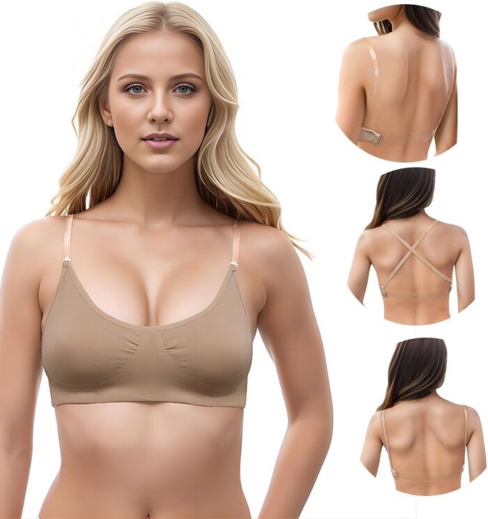 Womens Clear Strap Backless Bra Low Back Wireless Invisible Dance Bra