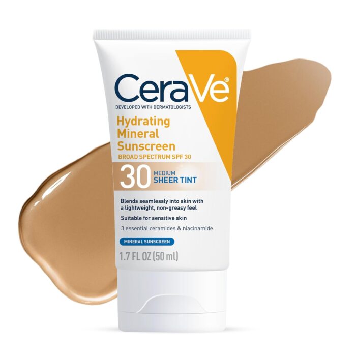 CeraVe Hydrating Mineral Sunscreen SPF 30 with Sheer Tint | Tinted Mineral Sunscreen with Zinc Oxide & Titanium Dioxide | Blends Seamlessly For Healthy Glow | Medium, 1.7 Fluid Ounce