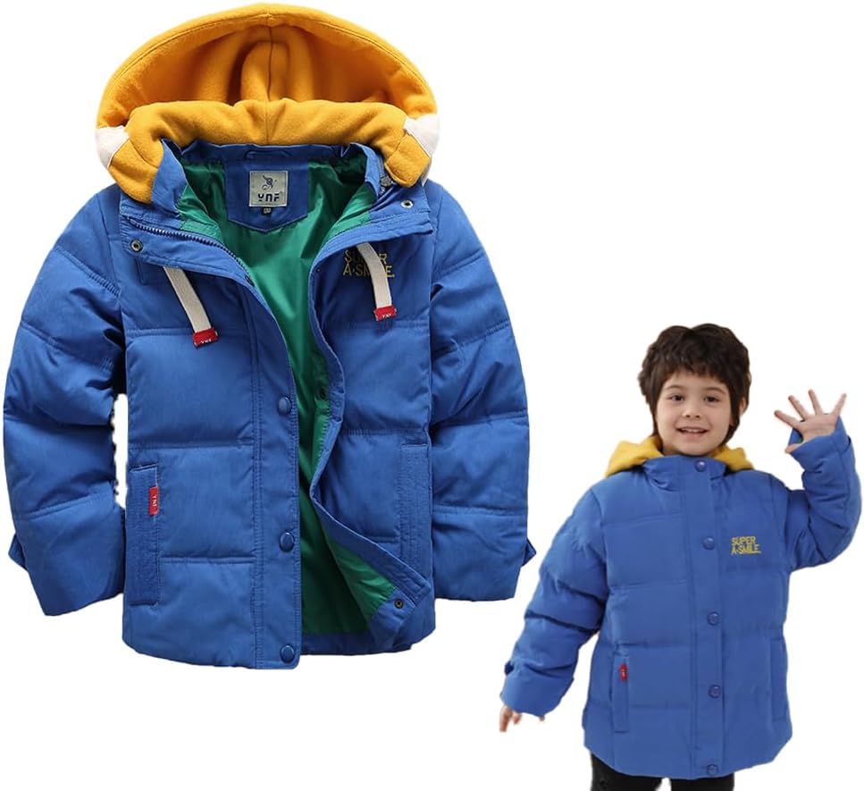 XIFAMNIY Kids Thicken Hooded Jacket Warm Winter Coat Windproof Outwear for Boys Padded Jacket Cool Casual 5-10T